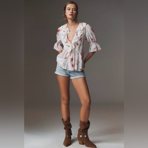 By Anthropologie Ruffled Pin-Tuck Button-Front Blouse - Picture 4 of 7